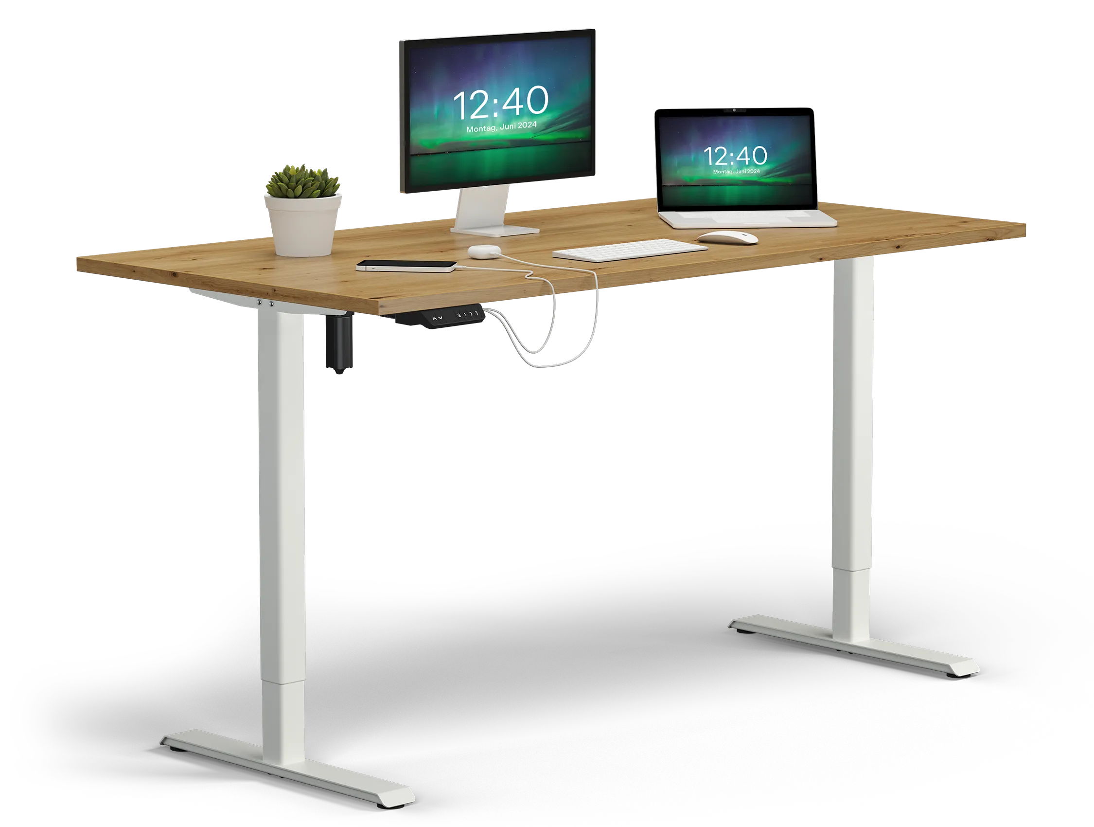 Höhenverstellbarer Schreibtisch Smart Home Gestell Weiß Platte Eiche mit Deko Höhenverstellbarer Schreibtisch Smart Home Gestell Weiß Platte Eiche mit Deko