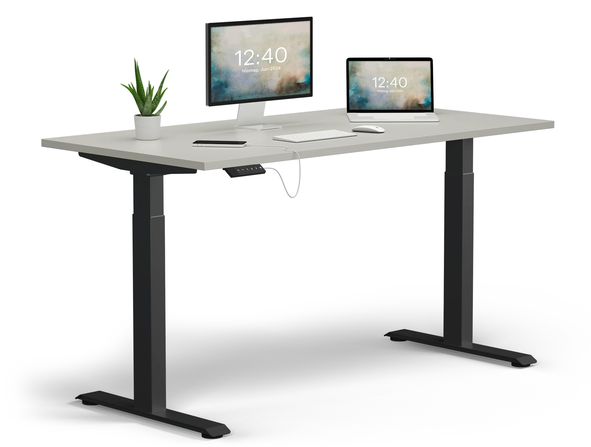 Höhenverstellbarer Schreibtisch Basic Gestell Schwarz Platte Lichtgrau mit Deko Höhenverstellbarer Schreibtisch Basic Gestell Schwarz Platte Lichtgrau mit Deko