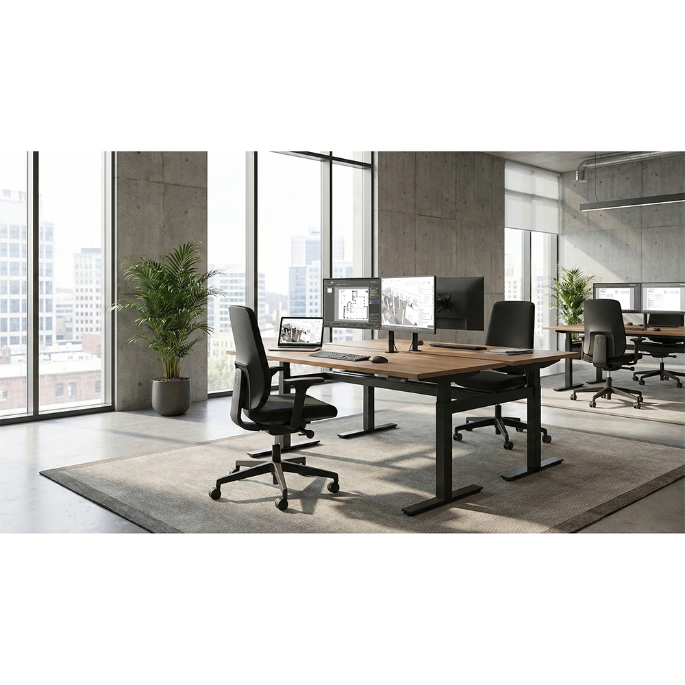 Bürotisch, Doppelte Monitor-Setups, ergonomischer Stuhl, Holztischplatte, industrielles Büro