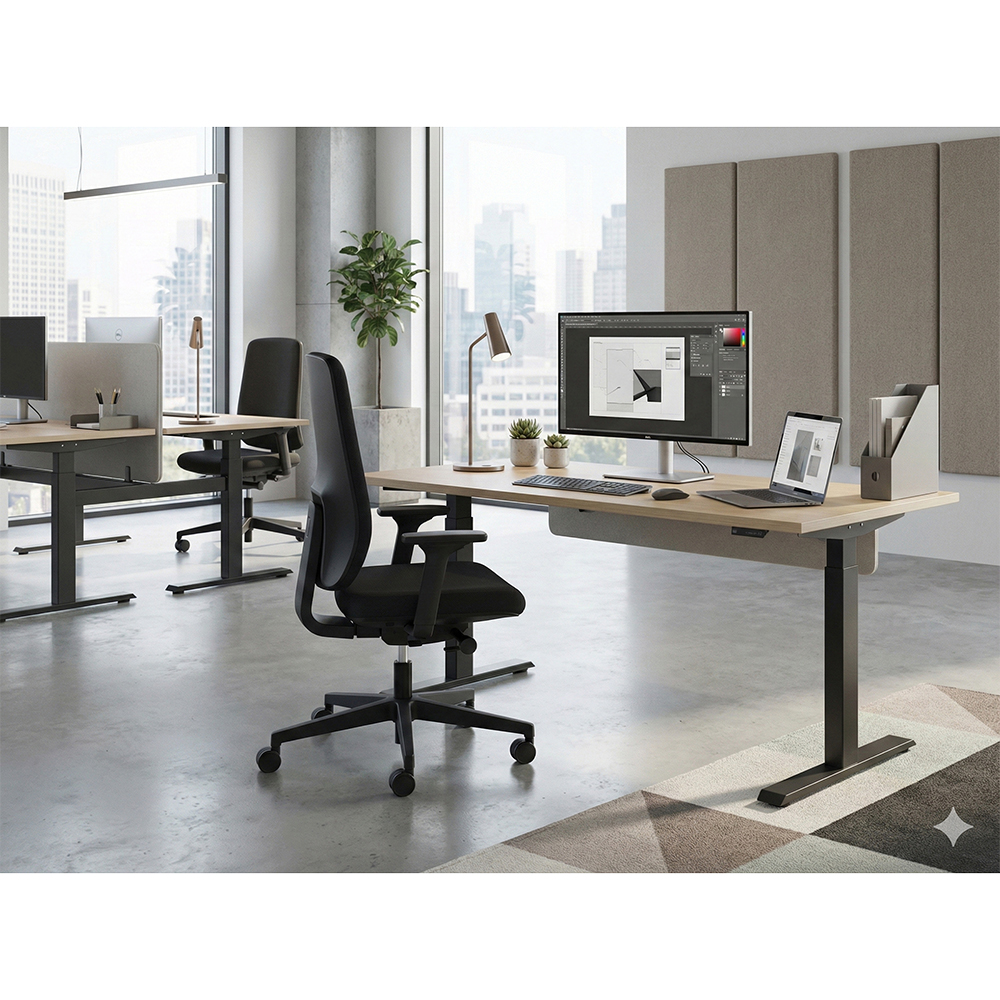 bürotisch, stehend, arbeitsplatz, monitor, stuhl