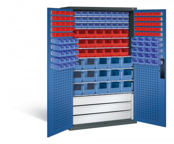 Großraumschrank mit Schubladenblock, 61 rote & 85 blaue Sichtlagerkästen, HxBxT 1950x1100x535 mm