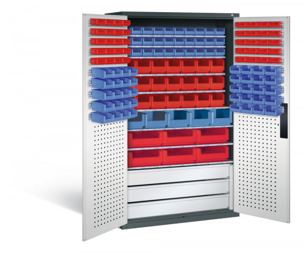 Großraumschrank mit Schubladenblock, 67 rote & 75 blaue Sichtlagerkästen, HxBxT 1950x1100x535 mm