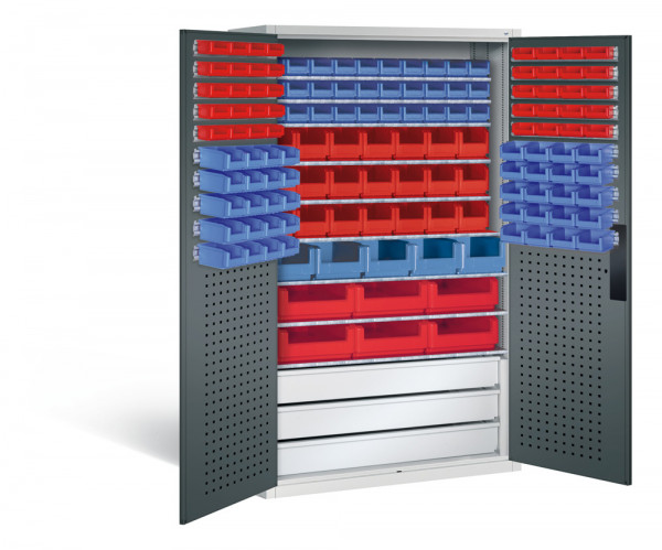 Großraumschrank mit Schubladenblock, 67 rote & 75 blaue Sichtlagerkästen, HxBxT 1950x1100x535 mm