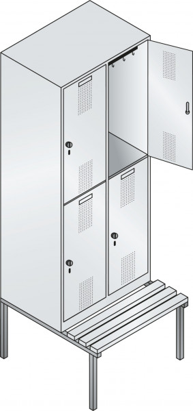 C+P Doppelstock-Garderobenschrank EVOLO mit unterbauter Sitzbank, Abteilbreite 400 mm, 4 Fächer