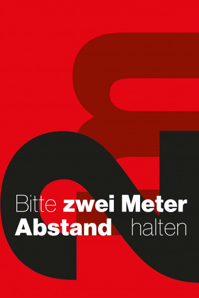 Schmutzfangmatte "Bitte 2 m Abstand halten" mit rotem Hintergrund, Hochformat