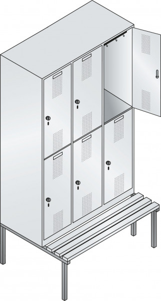 C+P Doppelstock-Garderobenschrank EVOLO mit unterbauter Sitzbank, Abteilbreite 400 mm, 6 Fächer