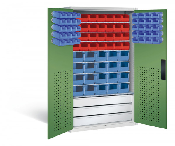 Großraumschrank mit Schubladenblock, 28 rote & 55 blaue Sichtlagerkästen, HxBxT 1950x1100x535 mm