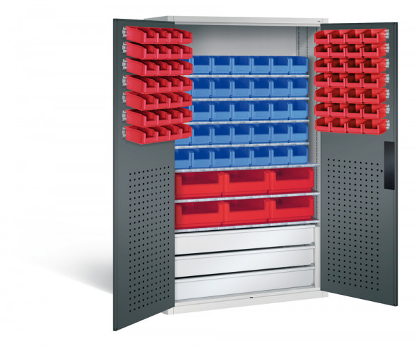 Großraumschrank mit Schubladenblock, 62 rote & 35 blaue Sichtlagerkästen, HxBxT 1950x1100x535 mm