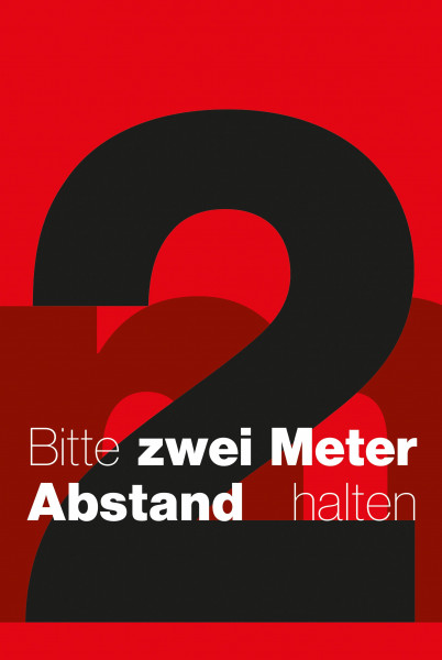 Schmutzfangmatte "Bitte 2 m Abstand halten" mit rotem Hintergrund, Hochformat